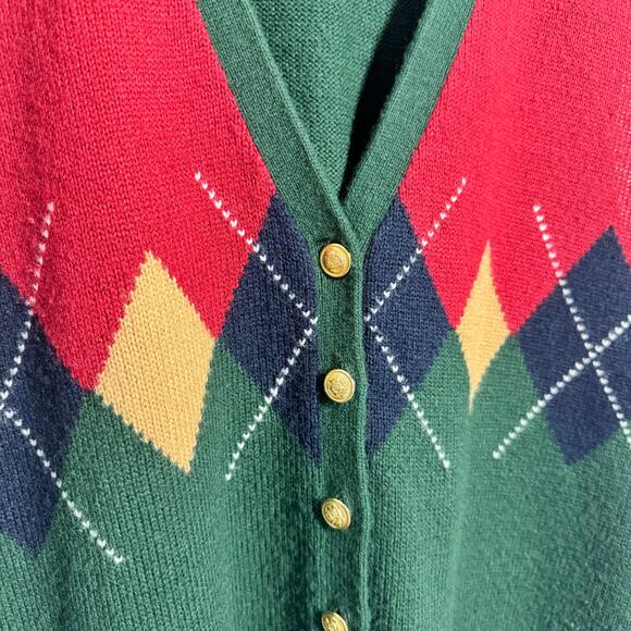 Chandler Hill Sweater Women L Green Red Argyle Gold Button Up Preppy Old Money - Picture 4 of 7